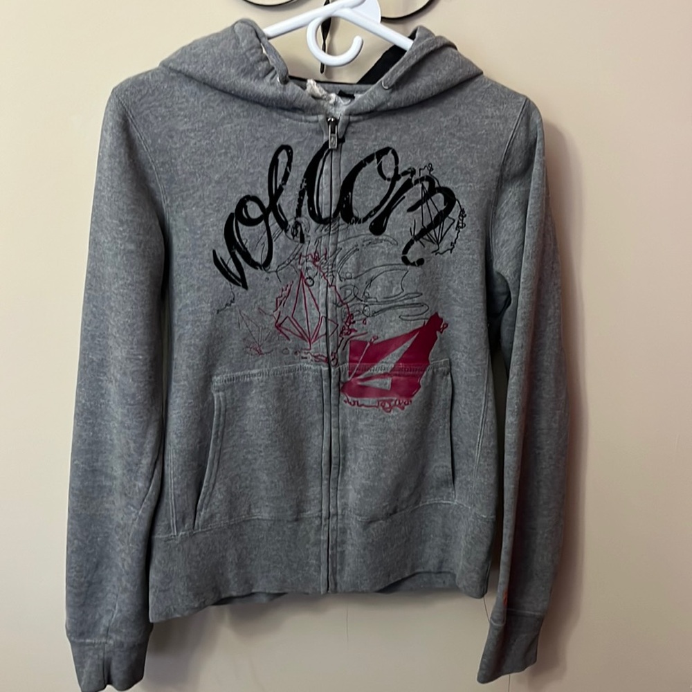 Volcom graphic grey zip up hoodie.